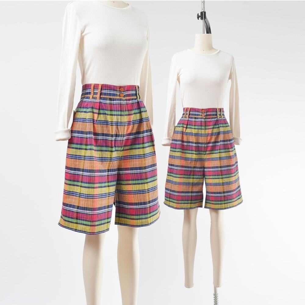 Vintage 90s Colorful Plaid Cotton Bermuda Shorts size M L